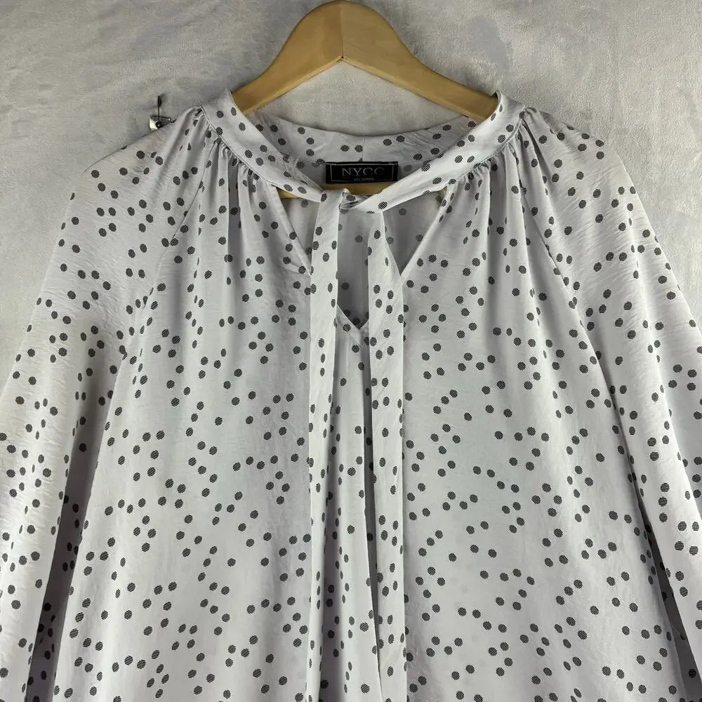 NYCC Popover Polka Dot Blouse Top Womens Large Tie Neck Grey White Twee Playful